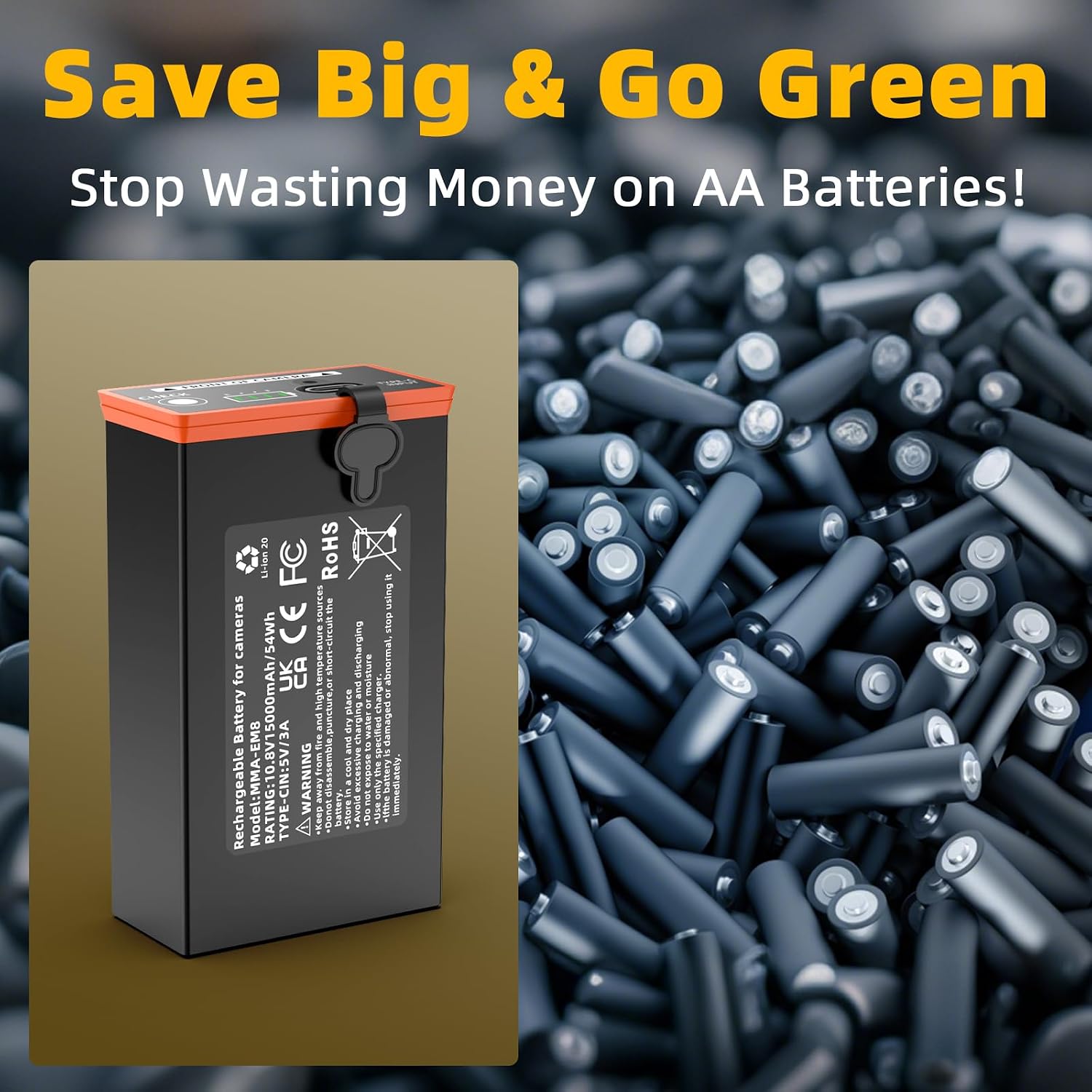 MMA-EM8 5000mAh rechargeable battery replaces disposable AA batteries, eco-friendly cost-saving solution for trail cameras