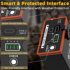 MMA-EM8 battery features Type-C fast charging port, 4-level LED indicator, one-touch power check button, weather-resistant rubber plug