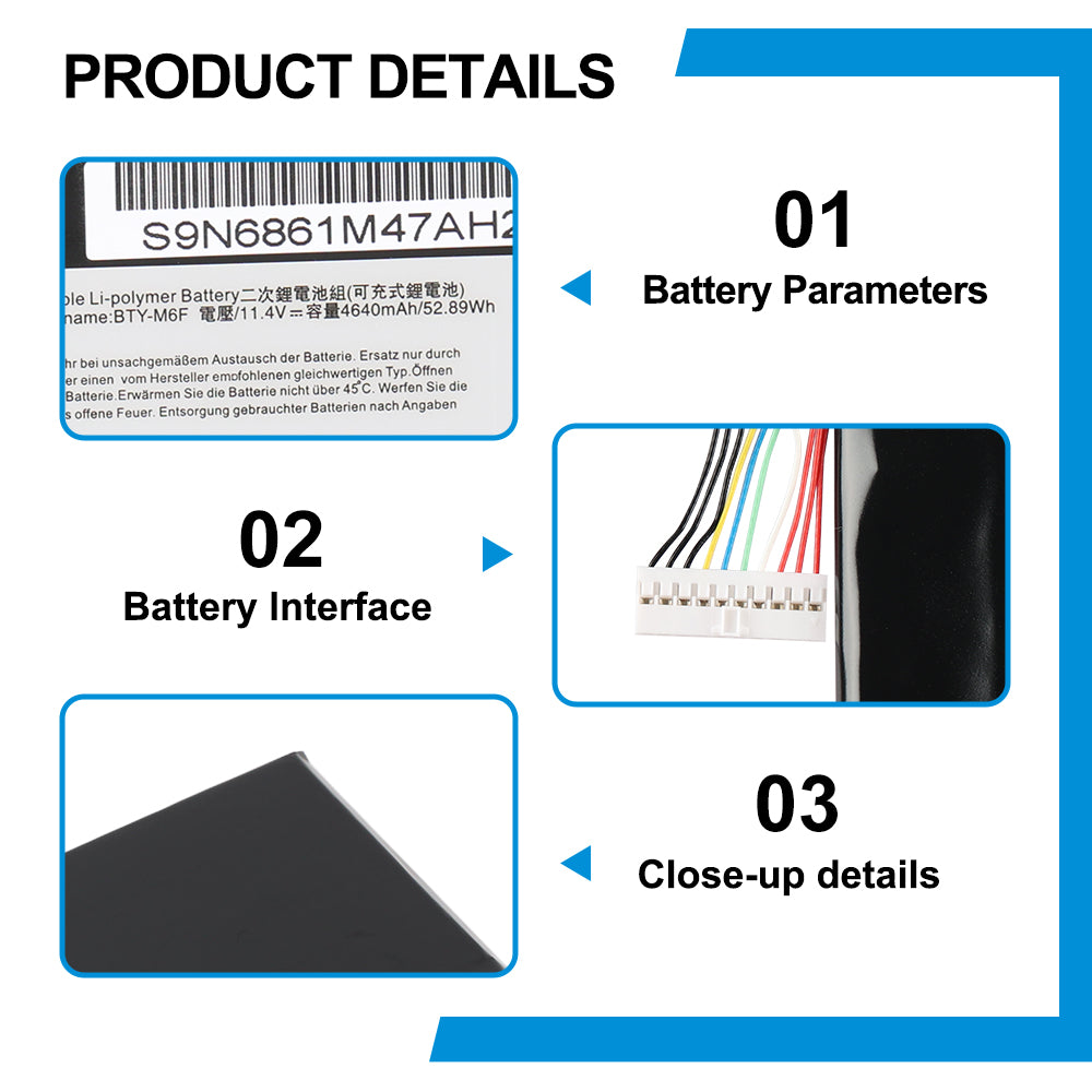 MSI BTY-M6F replacement Li-polymer laptop battery 11.4V 52.89Wh specs 11-pin interface with metal buckle