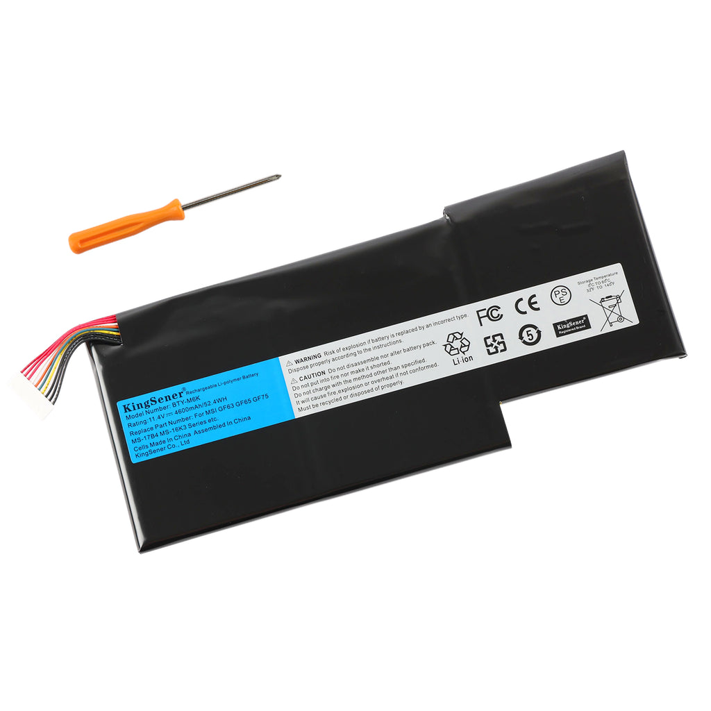 BTY-M6K battery for MSI GF63 GF75 Thin gaming laptop, 11.4V 4600mAh 52.4Wh Li-ion, angled view with multi-color cable and orange screwdriver