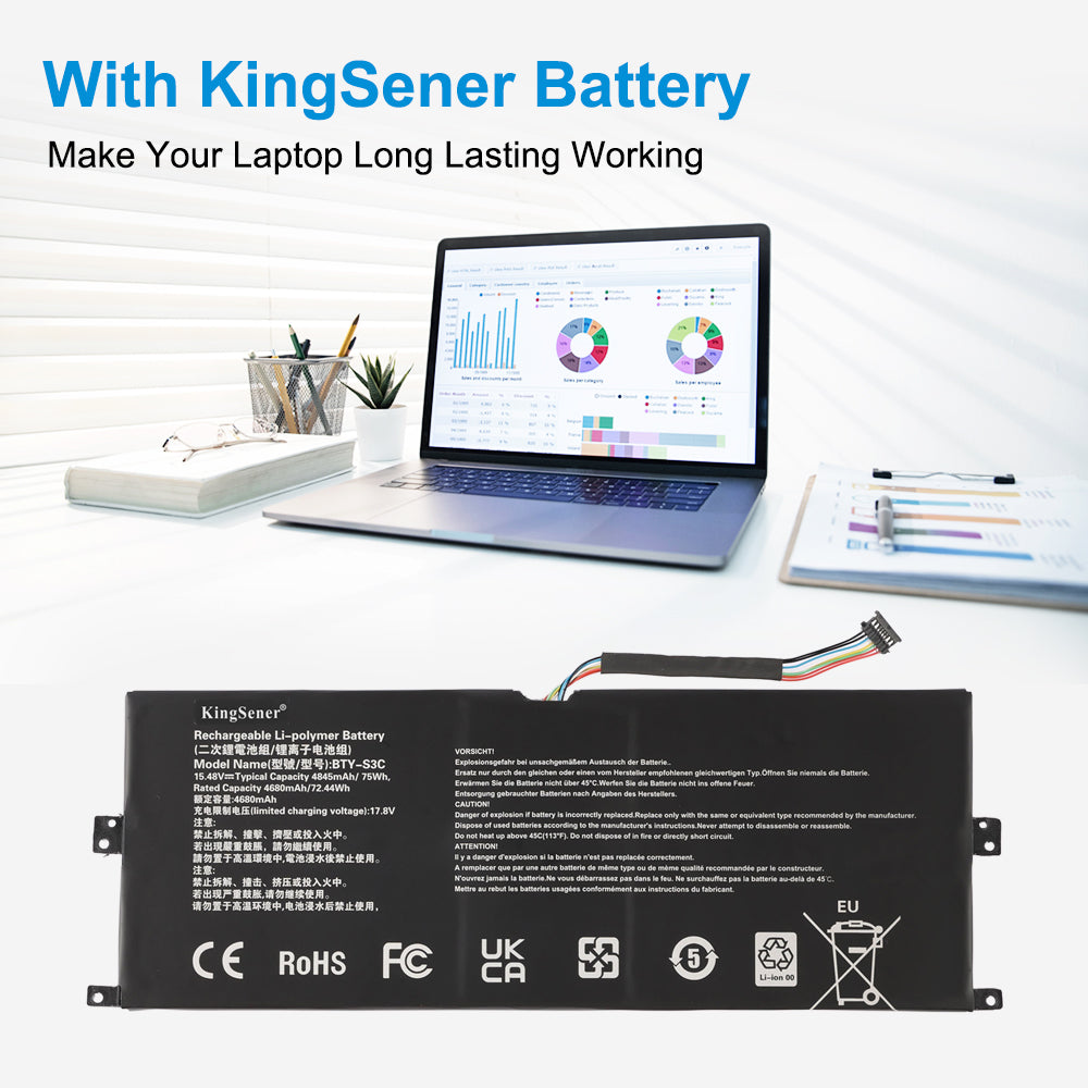 BTY-S3C 75Wh battery powers MSI Prestige 13 AI Evo laptop for all-day office work, data analysis and business productivity