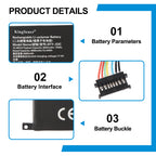 BTY-S3C battery details showing 15.48V 75Wh spec label, multi-pin connector interface and mounting buckle design