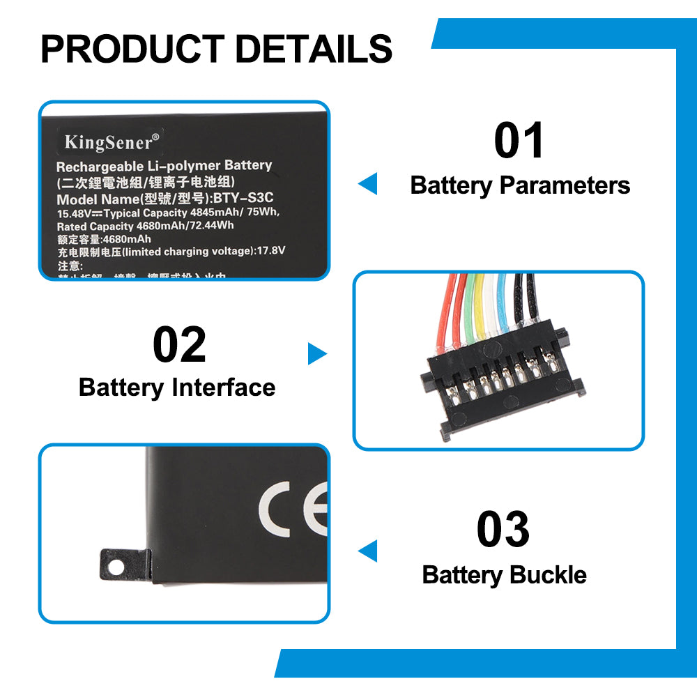 BTY-S3C battery details showing 15.48V 75Wh spec label, multi-pin connector interface and mounting buckle design