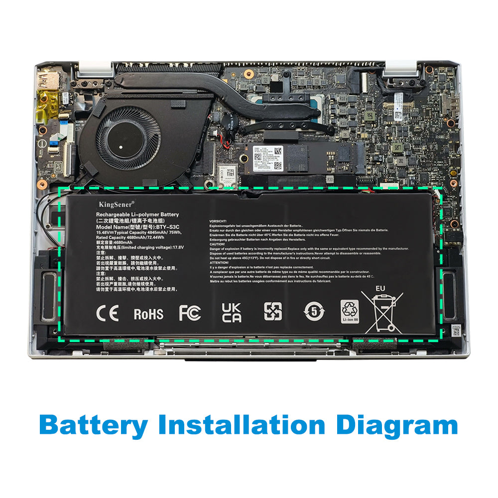 BTY-S3C battery installation diagram showing exact placement inside MSI Prestige 13 AI Evo laptop with red outline guide