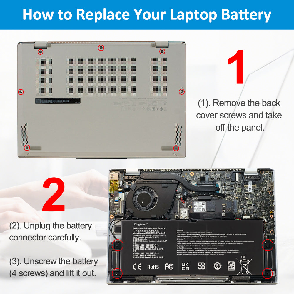 BTY-S3C battery replacement steps: remove back cover screws, unplug connector, unscrew 4 mounting points and lift out