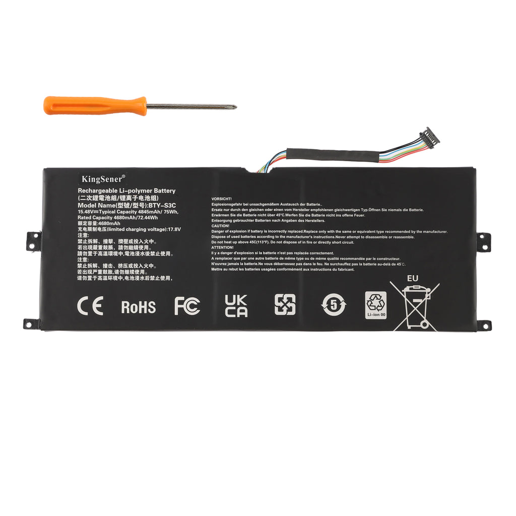 BTY-S3C 75Wh Li-ion battery comes with free screwdriver tool for easy DIY replacement in MSI Prestige 13 AI Evo