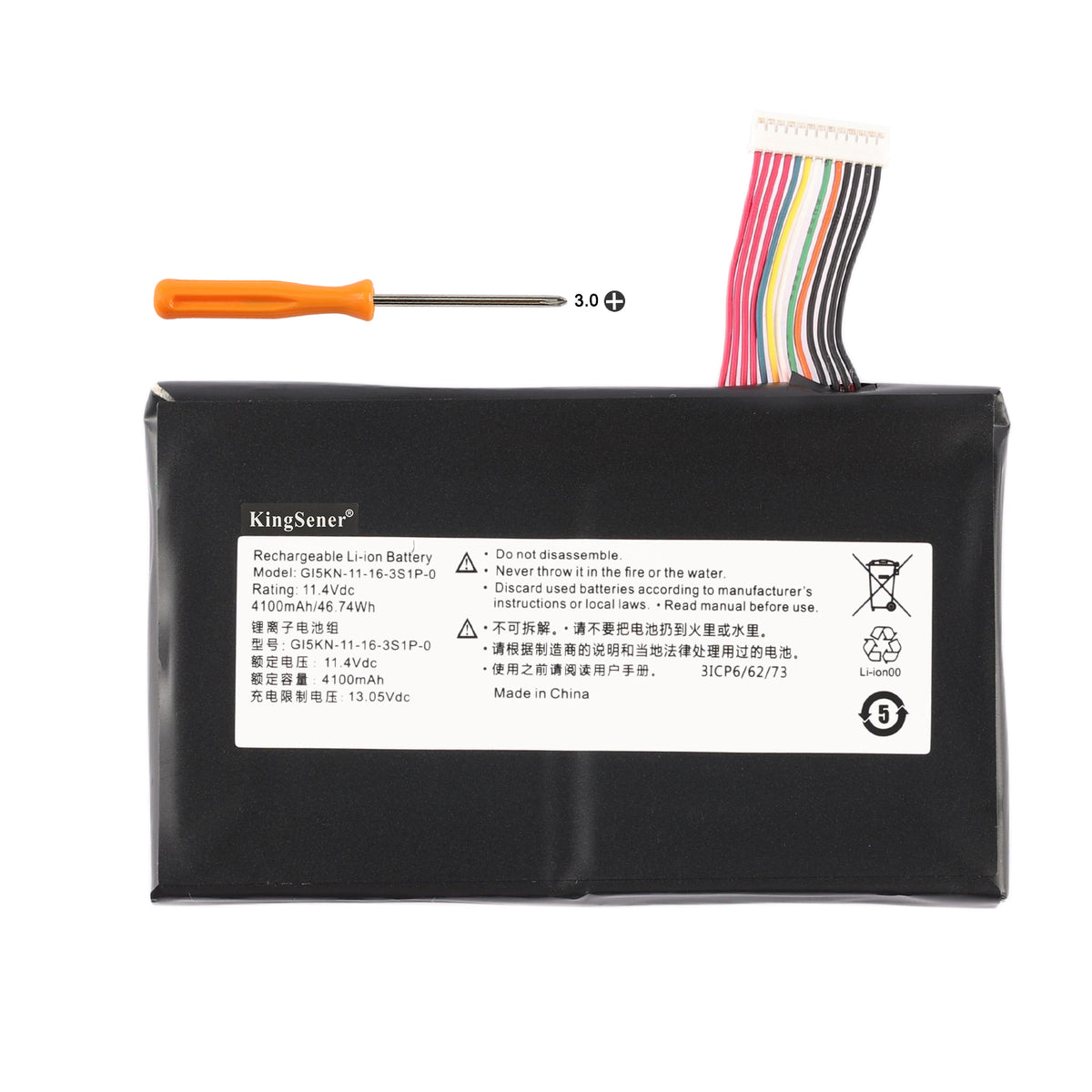 GI5KN-11-16-3S1P-0 replacement laptop battery 11.4V 4100mAh 46.74Wh Li-ion with PH3 screwdriver