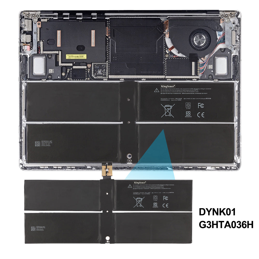 DYNK01 G3HTA036H laptop battery installed inside Microsoft Surface Laptop with dual fans and speakers, exact fit