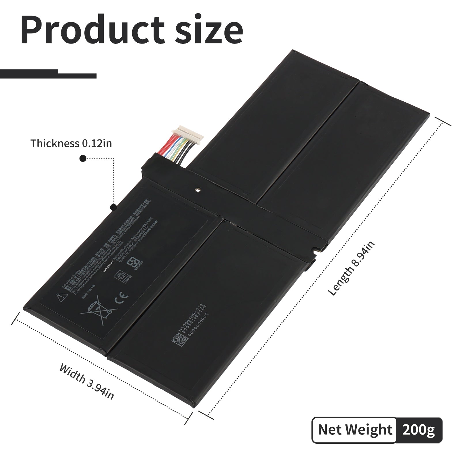 G3HTA061H Surface Pro 7 battery size diagram, dimensions 8.94 x 3.94 x 0.12 inches, net weight 200g