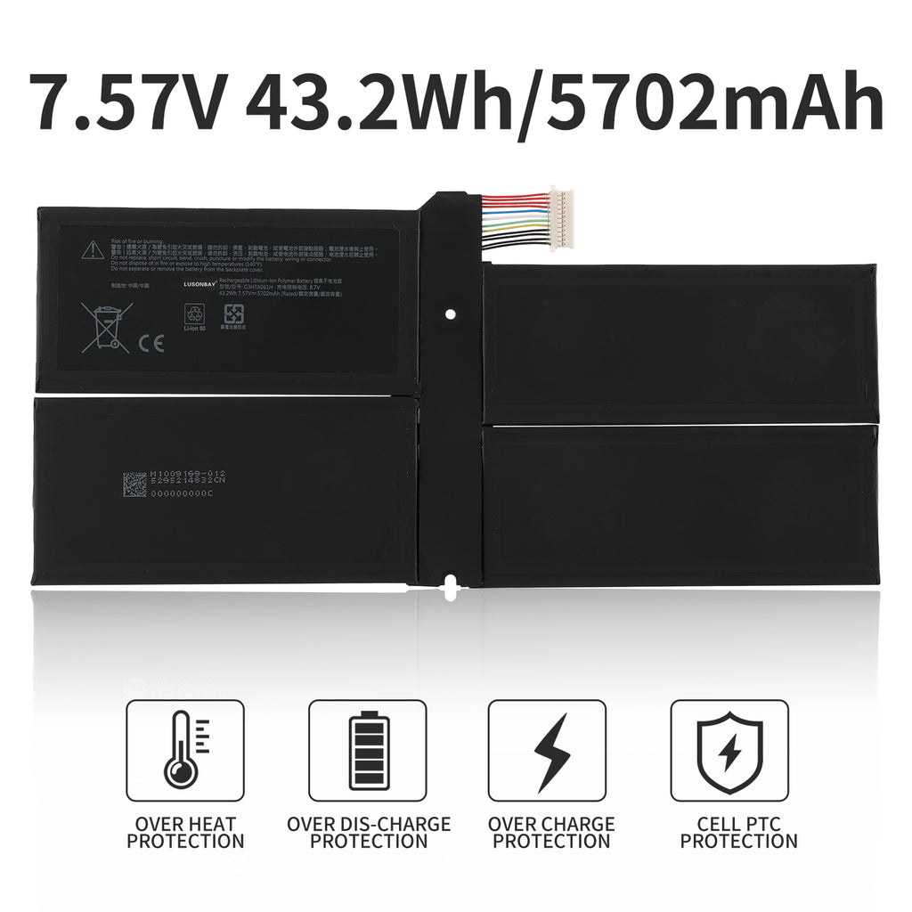 G3HTA061H Surface Pro 7 battery specs 7.57V 43.2Wh 5702mAh with overheat overcharge PTC protection icons