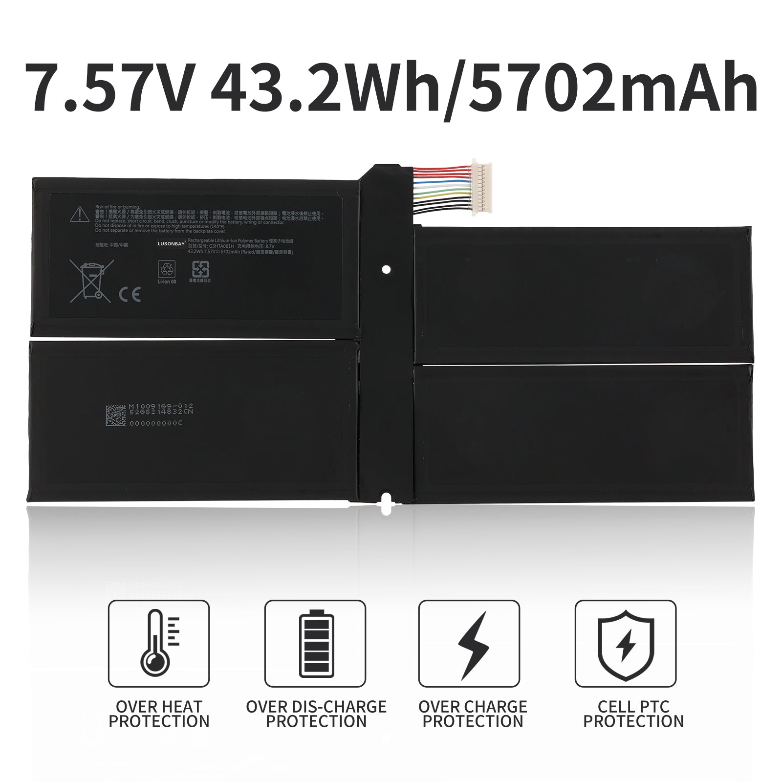 G3HTA061H Surface Pro 7 battery specs 7.57V 43.2Wh 5702mAh with overheat overcharge PTC protection icons