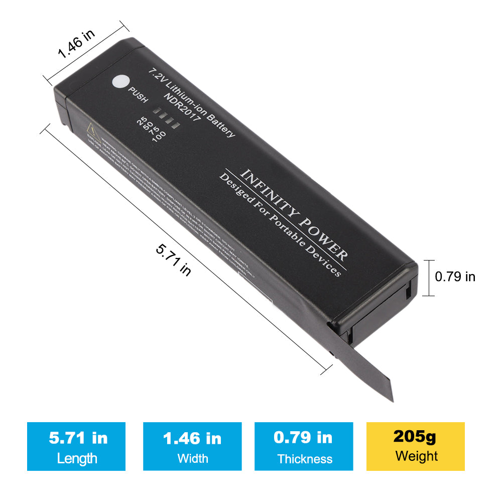 NDR2017 battery dimensions showing 5.71 in length, 1.46 in width, 0.79 in thickness, weight 205g