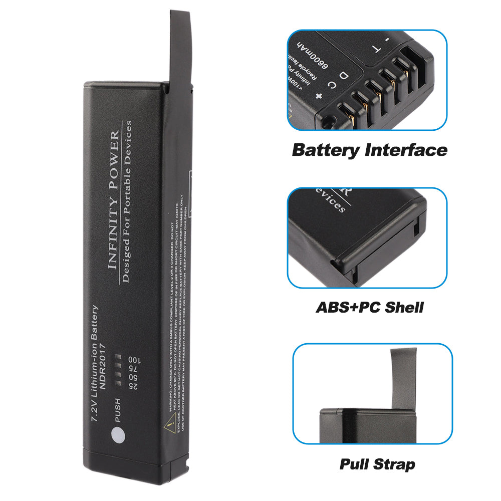 NDR2017 battery with detail close-ups of Battery Interface, ABS+PC Shell, and Pull Strap
