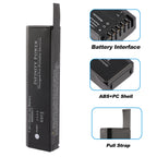 NDR2017 battery with detail close-ups of Battery Interface, ABS+PC Shell, and Pull Strap