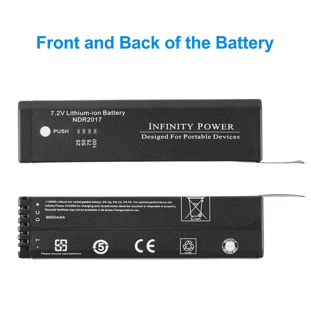 Front and back view of NDR2017 battery showing Infinity Power branding and CE certification