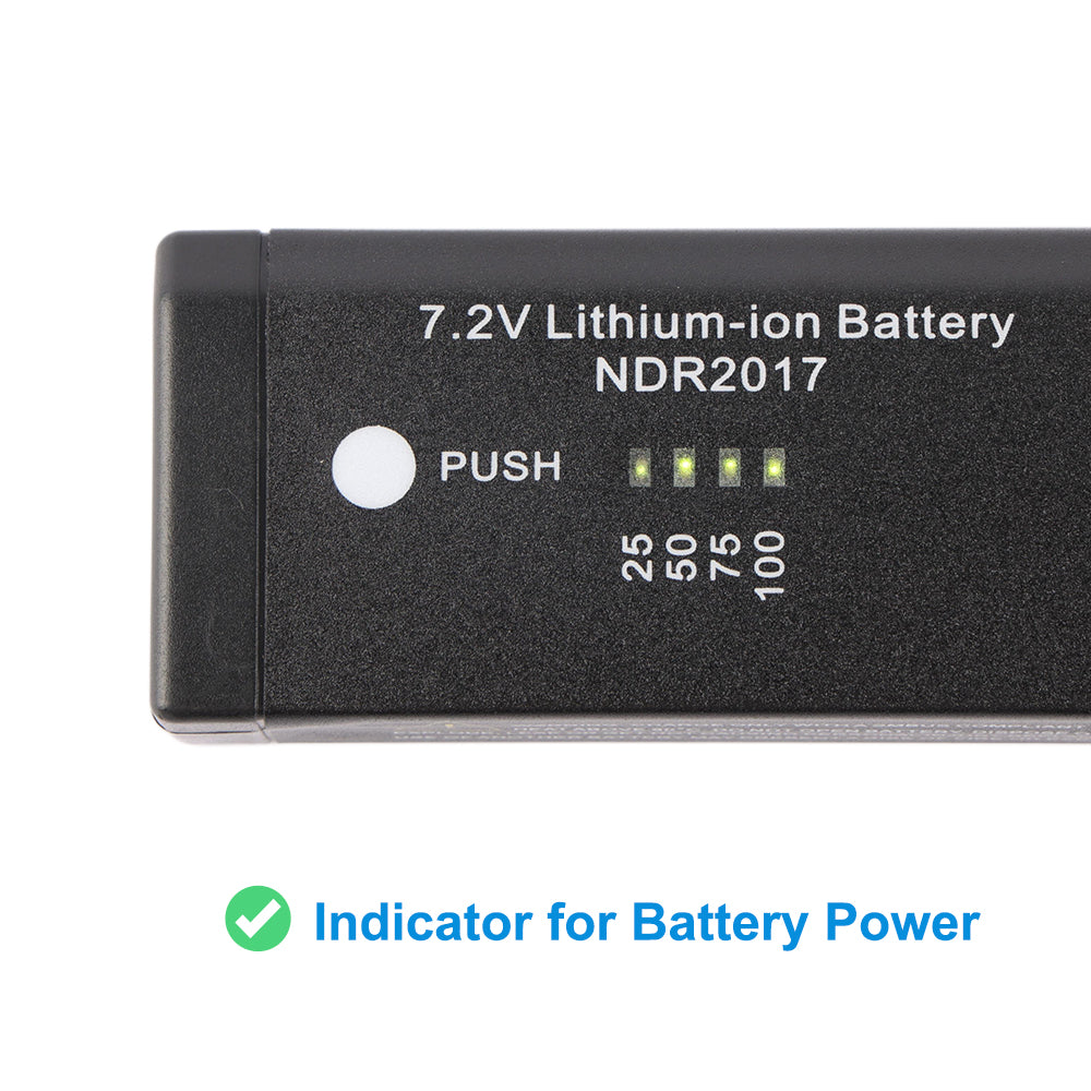 Close-up of NDR2017 battery LED power indicator with push button and charge level display
