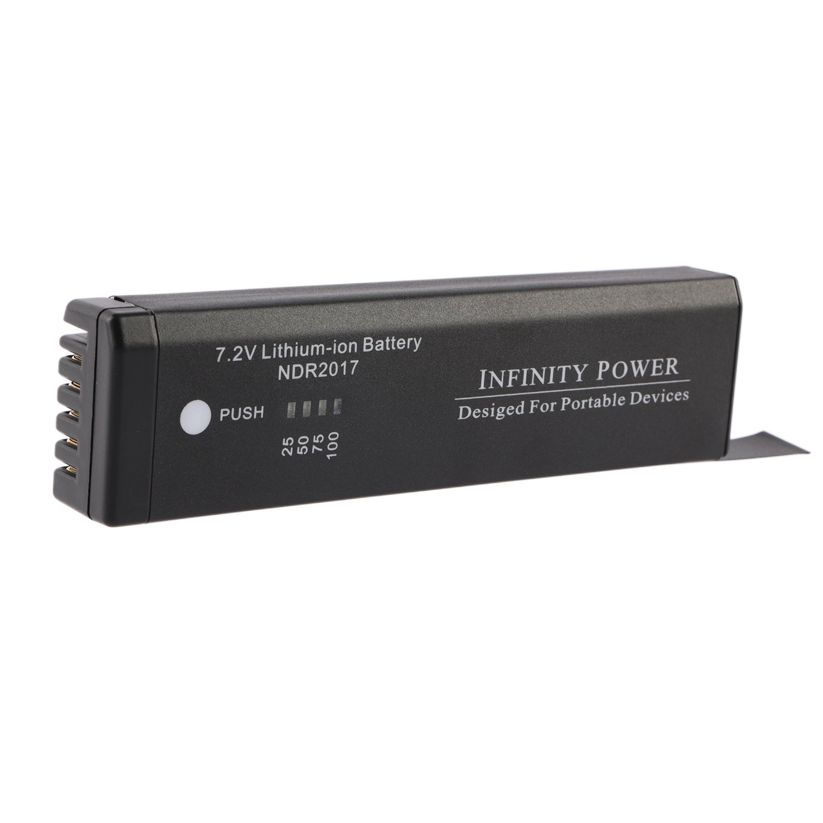 Vertical side view of NDR2017 battery showing Infinity Power branding and portable device design