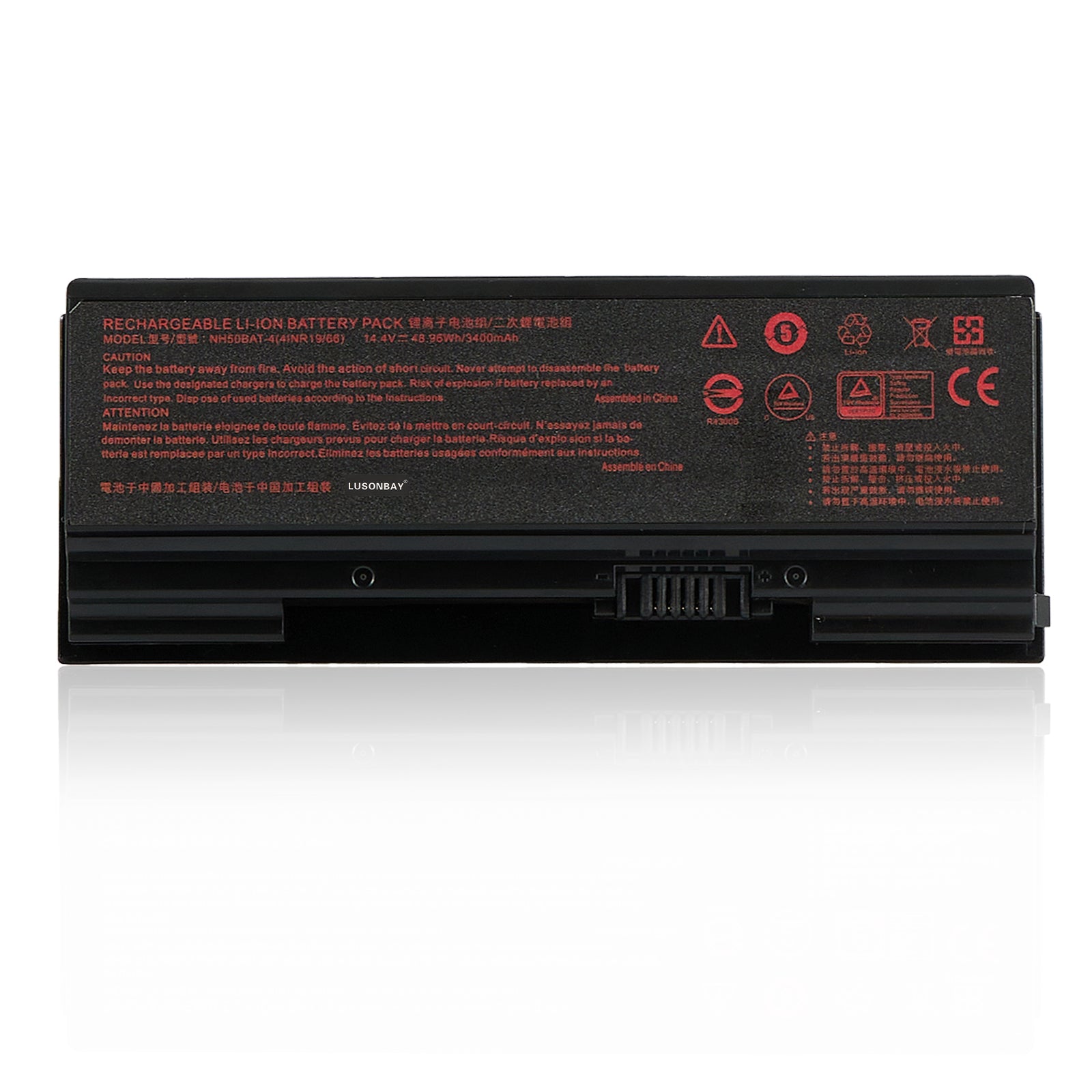LUSONBAY NH50BAT-4 Laptop Battery For Clevo NH70RHQ NH58RCQ machenike T58 Sager NP6875 - Front View on White