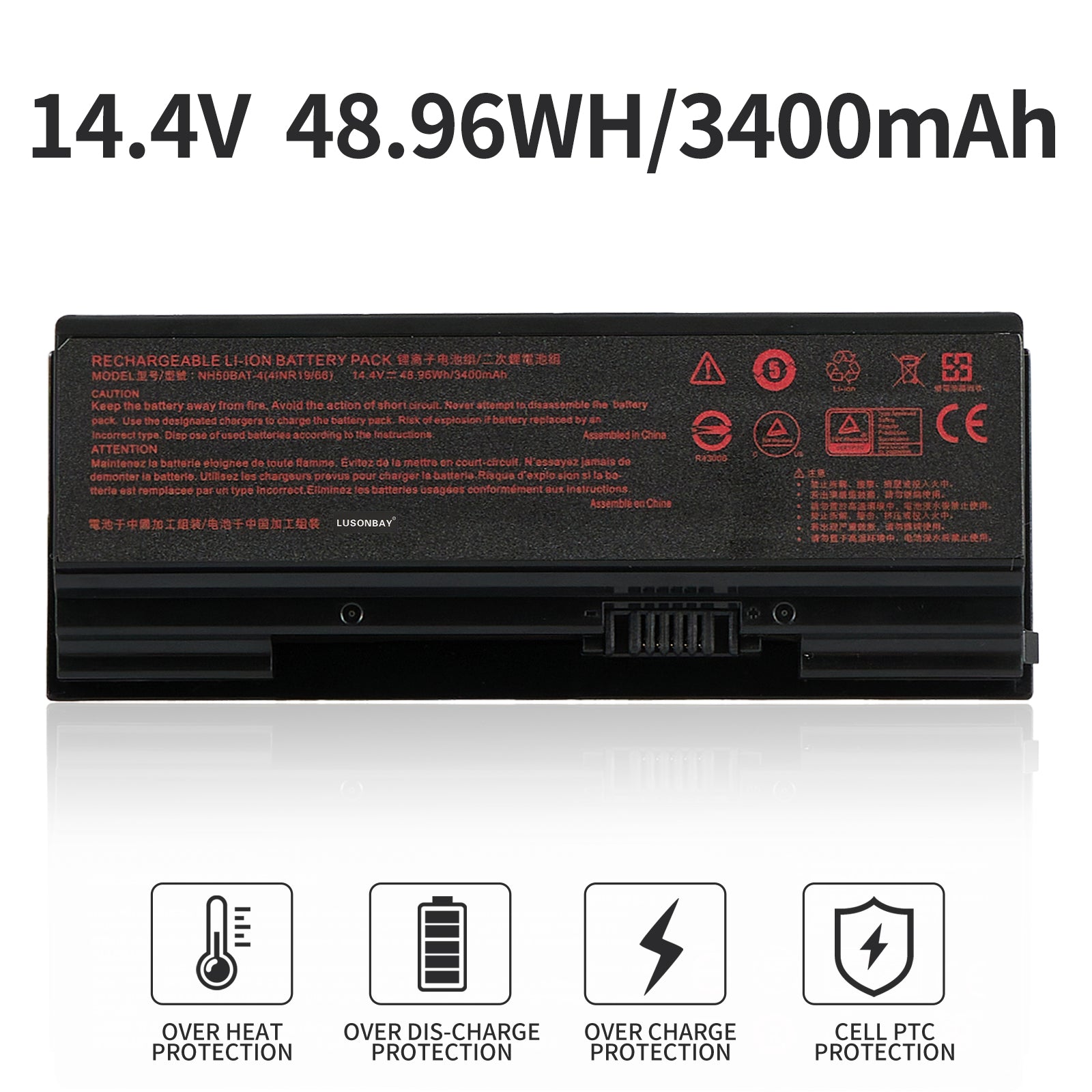 LUSONBAY NH50BAT-4 Laptop Battery For Clevo NH70RHQ NH58RCQ machenike T58 Sager NP6875 - 14.4V 48.96WH/3400mAh