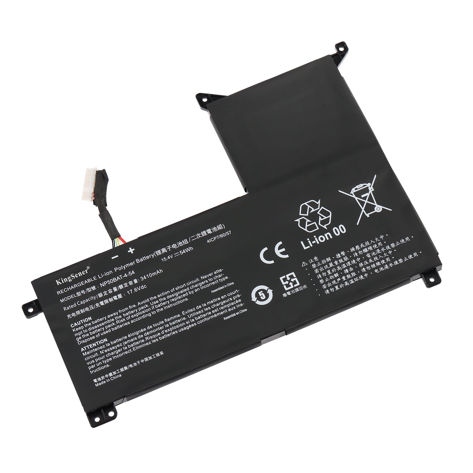 NP50BAT-4-54 battery for SCHENKER XMG Gigabyte G5 G7 gaming laptop, 15.4V 54Wh Li-ion, angled view showing L-shaped cell and connector cable