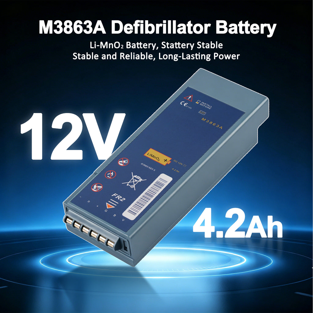 M3863A Philips FR2 defibrillator battery 12V 4.2Ah 50.4Wh LiMnO2, stable and reliable long-lasting power, angled view on dark background