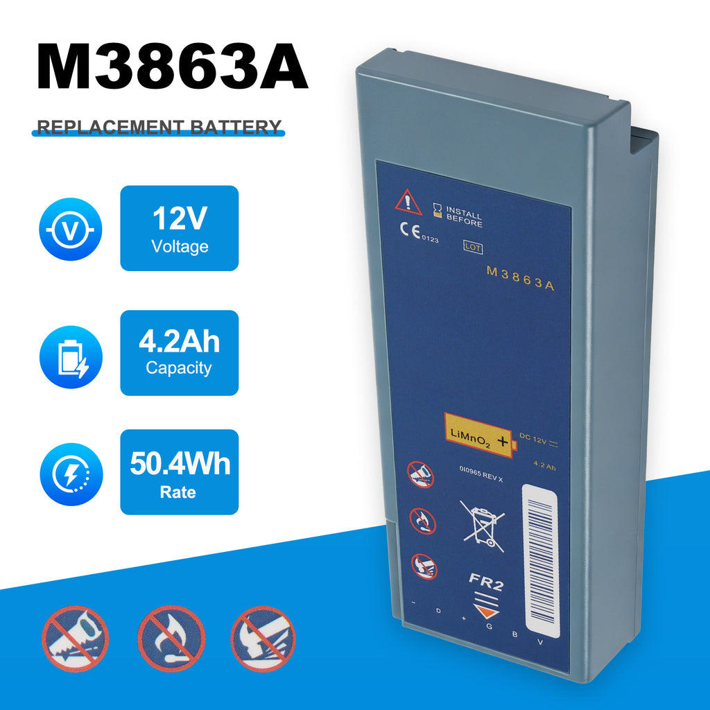 M3863A replacement battery for Philips FR2 FR2 Plus defibrillator, 12V 4.2Ah 50.4Wh LiMnO2, spec card showing voltage capacity and safety icons