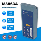 M3863A replacement battery for Philips FR2 FR2 Plus defibrillator, 12V 4.2Ah 50.4Wh LiMnO2, spec card showing voltage capacity and safety icons