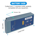 M3863A battery size diagram for Philips FR2 defibrillator, length 6.50in width 2.56in thickness 1.38in, 1:1 precision mold compatible