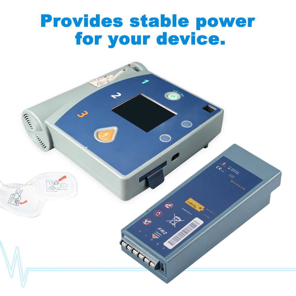 M3863A battery provides stable power for Philips ForeRunner FR2 FR2 Plus defibrillator, 12V 4200mAh LiMnO2, with AED unit and electrode pads