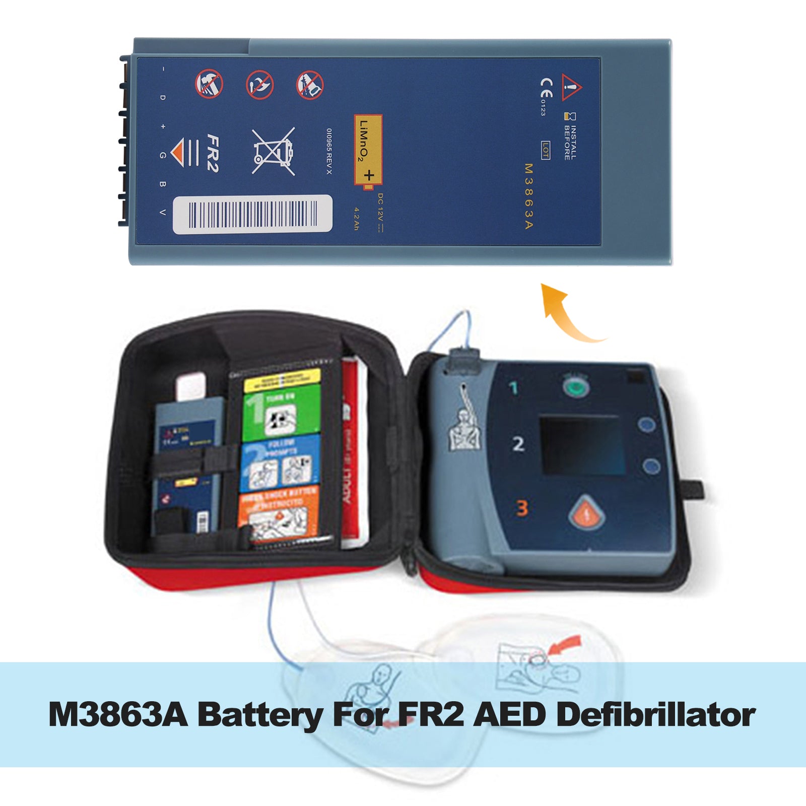 M3863A replacement battery for Philips FR2 Plus defibrillator kit, 12V 4.2Ah LiMnO2, shown with AED carrying case and electrode pads