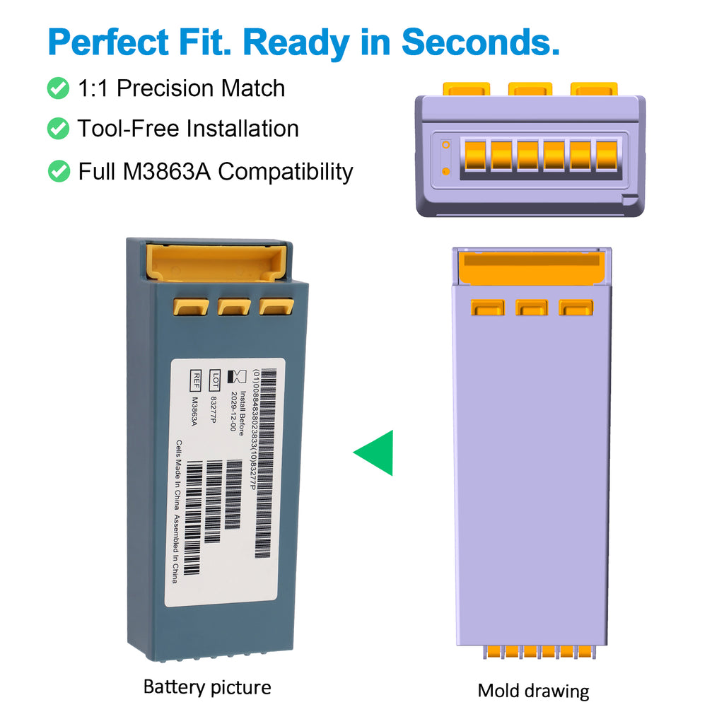 M3863A defibrillator battery 1:1 precision fit for Philips FR2 FR2 Plus, tool-free installation, battery picture vs mold drawing comparison