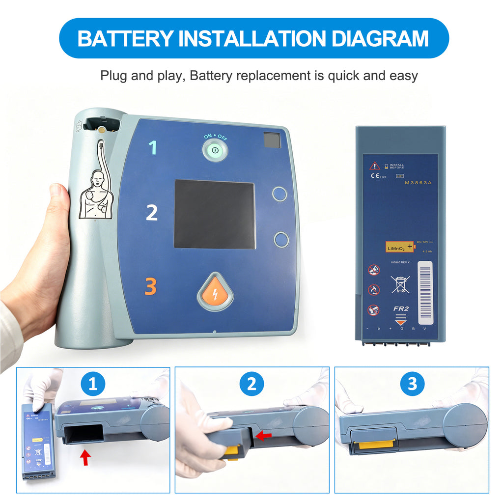 M3863A battery installation diagram for Philips ForeRunner FR2 AED, plug and play 3-step guide: insert push and lock, 12V 4200mAh