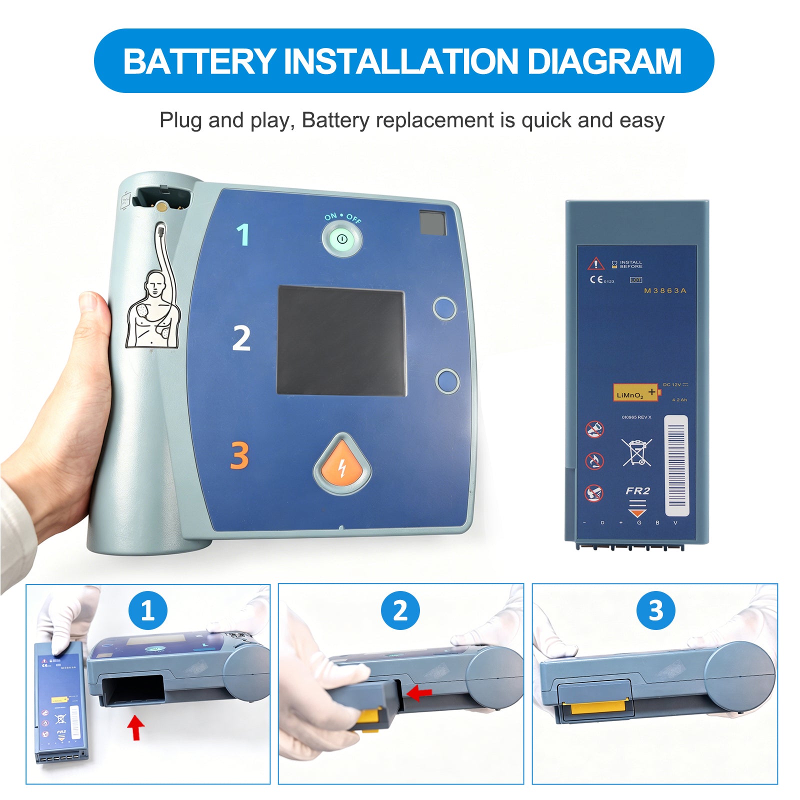 M3863A battery installation diagram for Philips ForeRunner FR2 AED, plug and play 3-step guide: insert push and lock, 12V 4200mAh