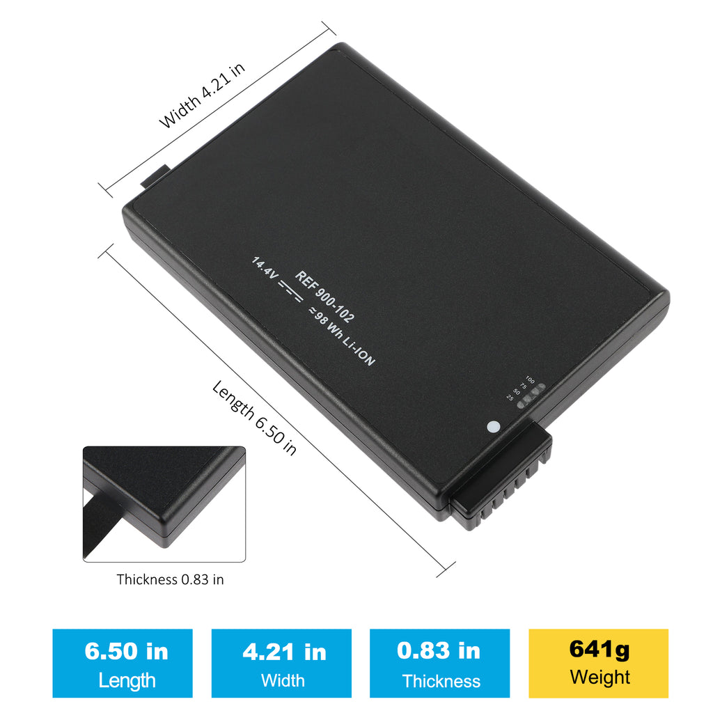 REF 900-102 battery dimensions 6.50in length 4.21in width 0.83in thickness 641g weight portable medical replacement