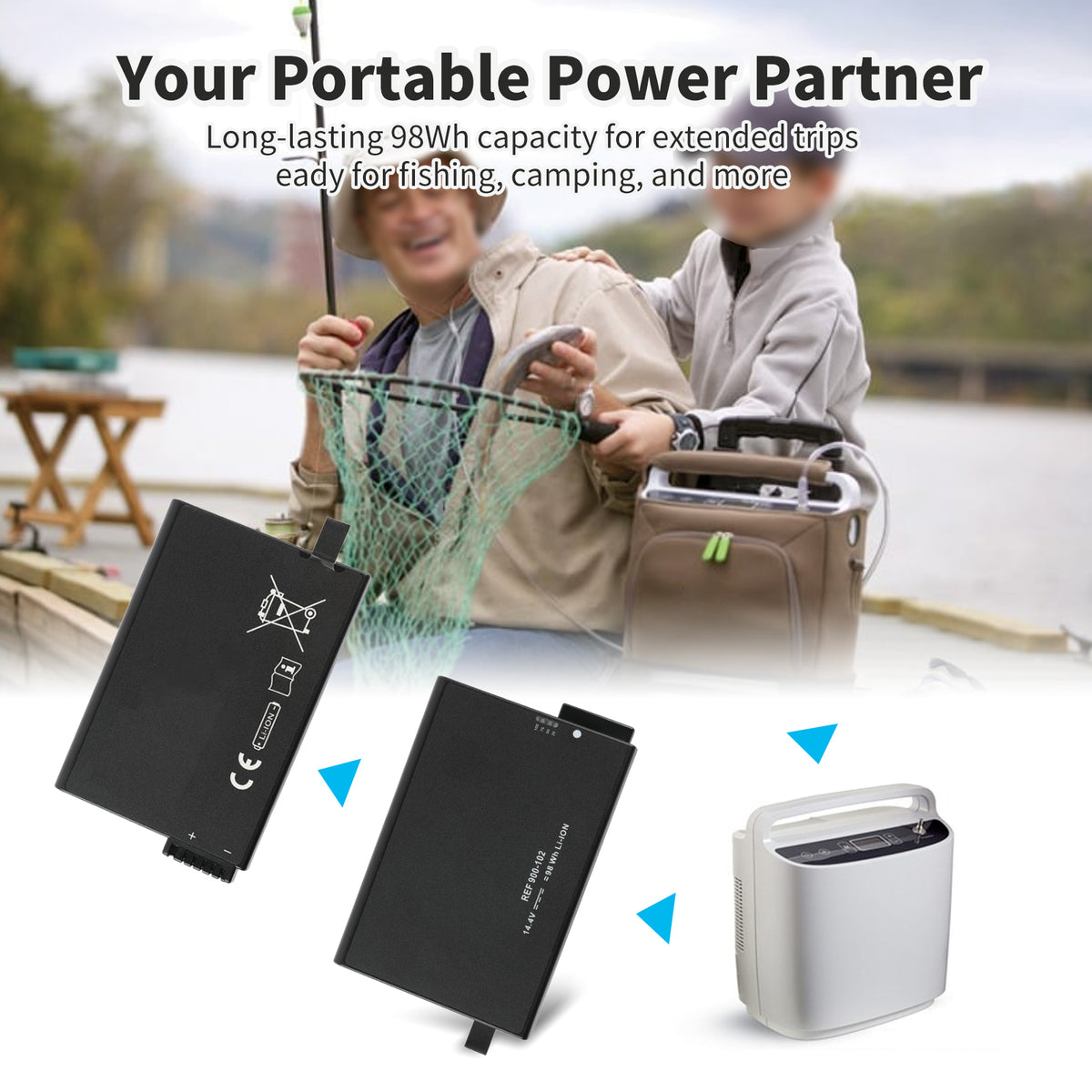 REF 900-102 98Wh portable power partner for Respironics SimplyGo oxygen concentrator outdoor fishing camping extended trips