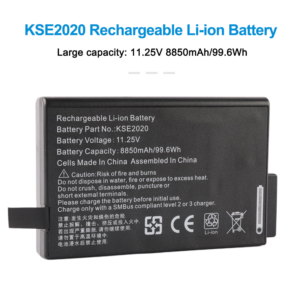 RRC2020 battery full specification label showing 11.25V 8850mAh 99.6Wh high-capacity Li-ion, SMBus compliant charging requirement, CE and safety certification marks