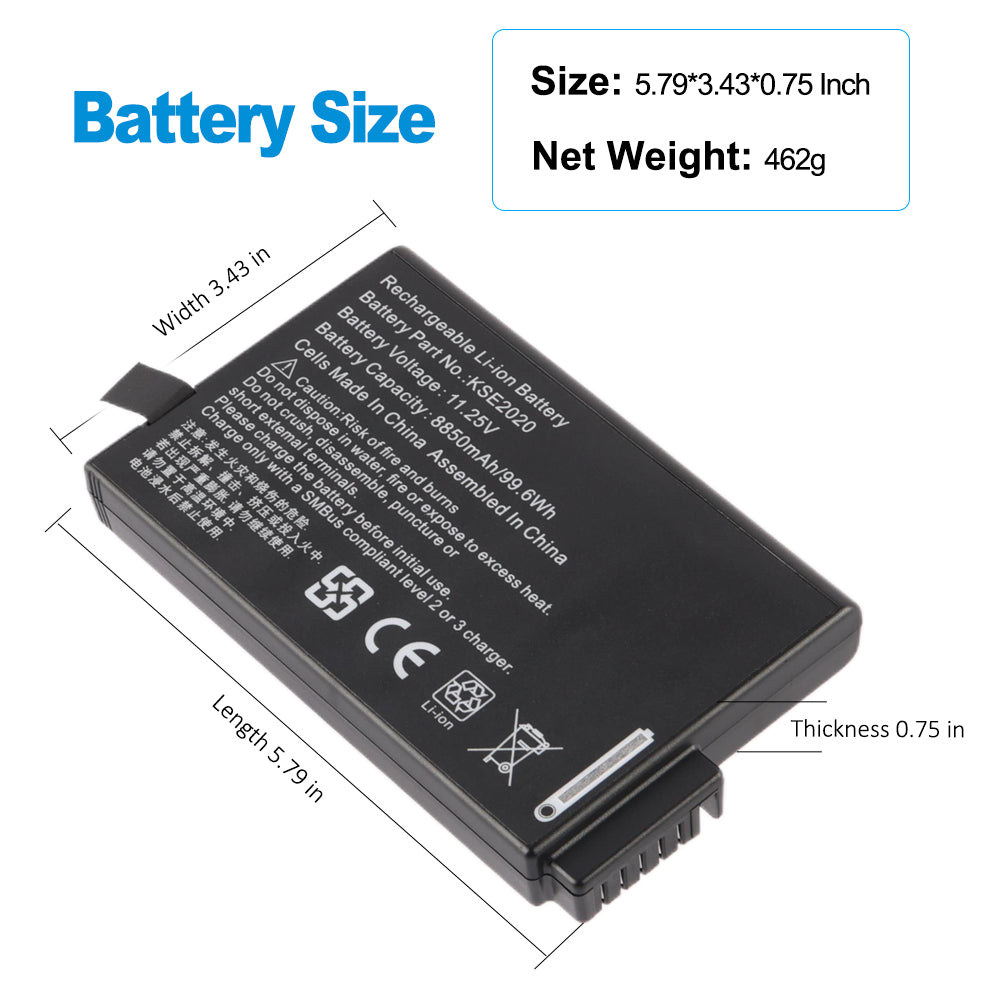 RRC2020 battery compact dimensions 5.79 x 3.43 x 0.75 inches, net weight 462 grams, precise form factor for GE Datex-Ohmeda ME202 series and USM 36 equipment fit