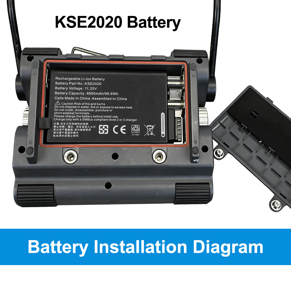 RRC2020 battery installation diagram inside USM 36 ultrasonic flaw detector unit, shows correct placement orientation and connector alignment for tool-free replacement
