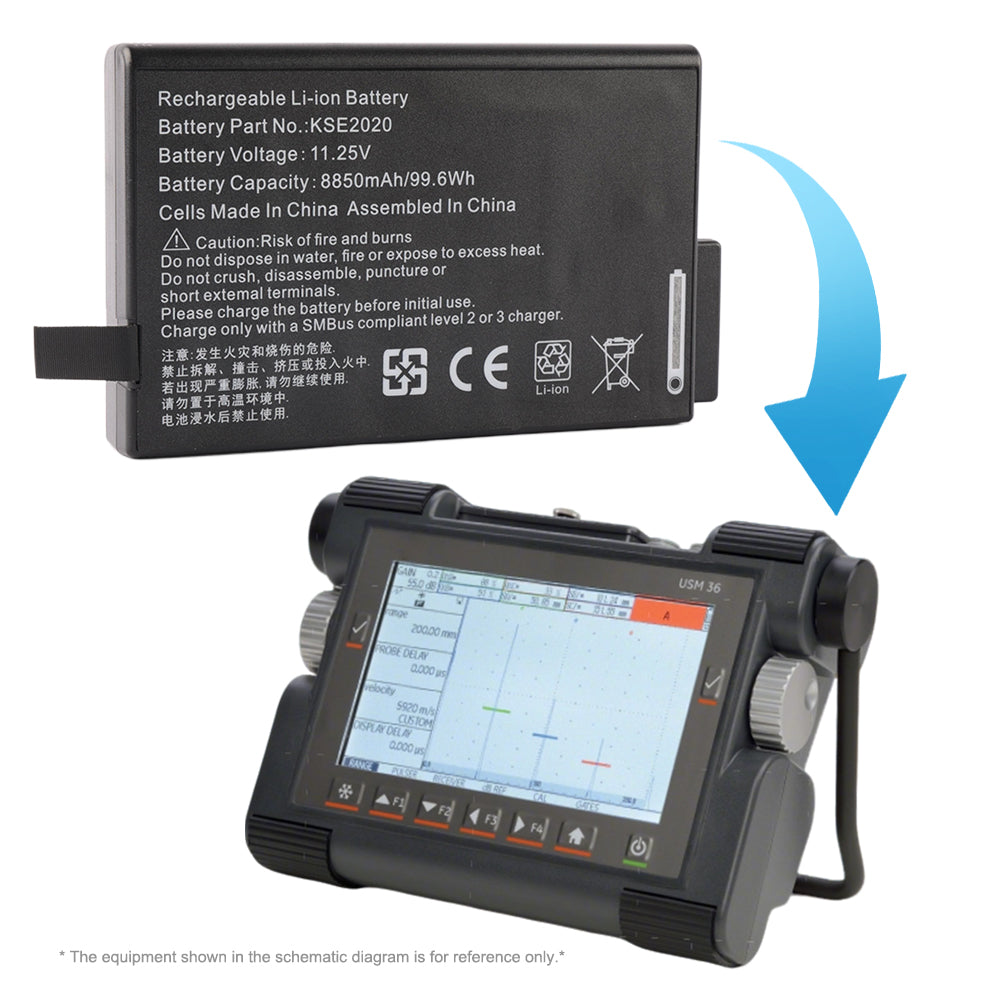 RRC2020 battery powering USM 36 ultrasonic flaw detector in field operation mode, extended runtime for NDT inspection work without AC power dependency