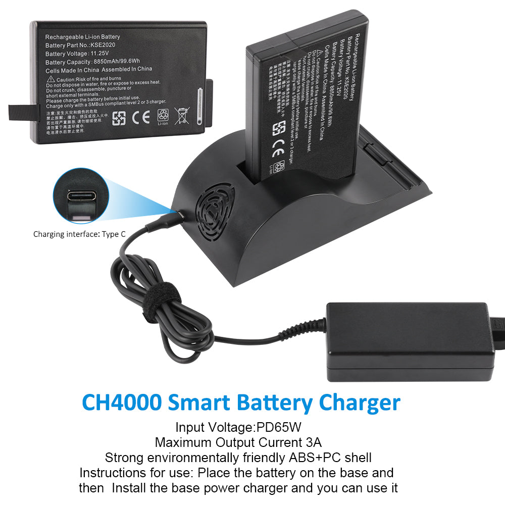 RRC2020 battery optional CH4000 smart charger kit with Type-C PD65W input and 3A output, supports dual-battery simultaneous charging for continuous device uptime
