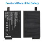 RRC2020 battery front label and back panel view comparison, slim profile design with multi-pin connector interface for secure device docking connection