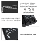 RRC2054 replacement Li-ion battery 14.4V 3450mAh 49.7Wh, label interface connector and battery power indicator detail