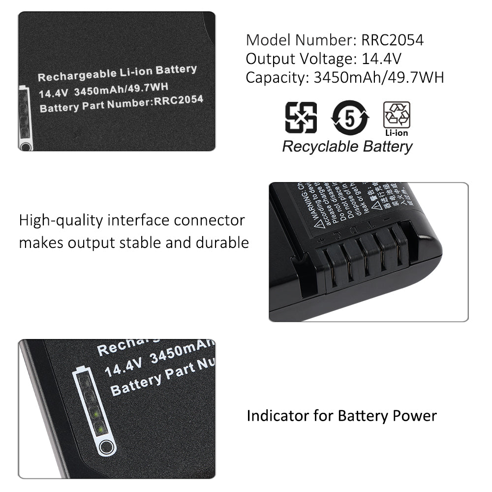 RRC2054 replacement Li-ion battery 14.4V 3450mAh 49.7Wh, label interface connector and battery power indicator detail