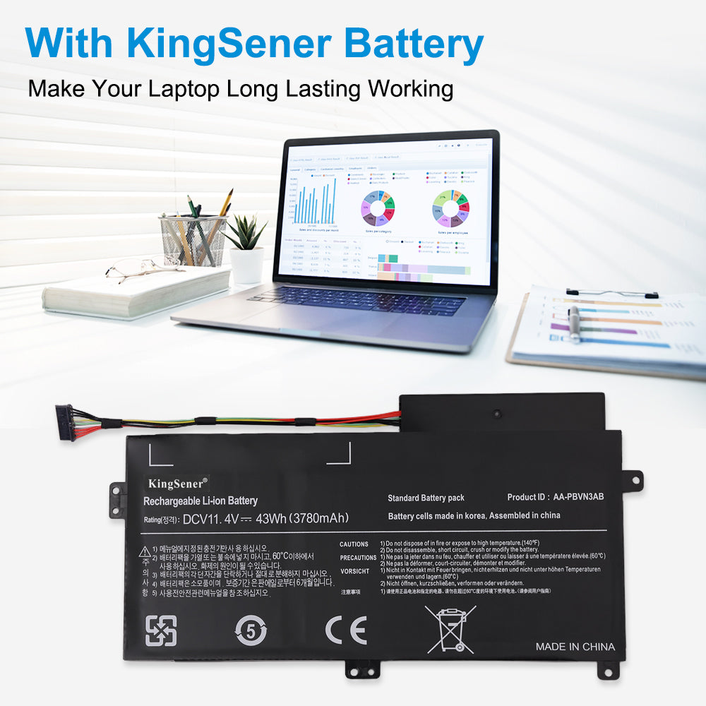 Samsung AA-PBVN3AB replacement laptop battery 11.4V 43Wh 3780mAh, long-lasting working power office travel