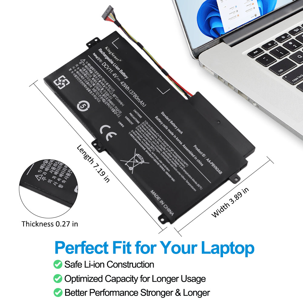 Samsung AA-PBVN3AB replacement laptop battery 11.4V 43Wh 3780mAh, dimensions Width 3.89in Length 7.19in Thickness 0.27in