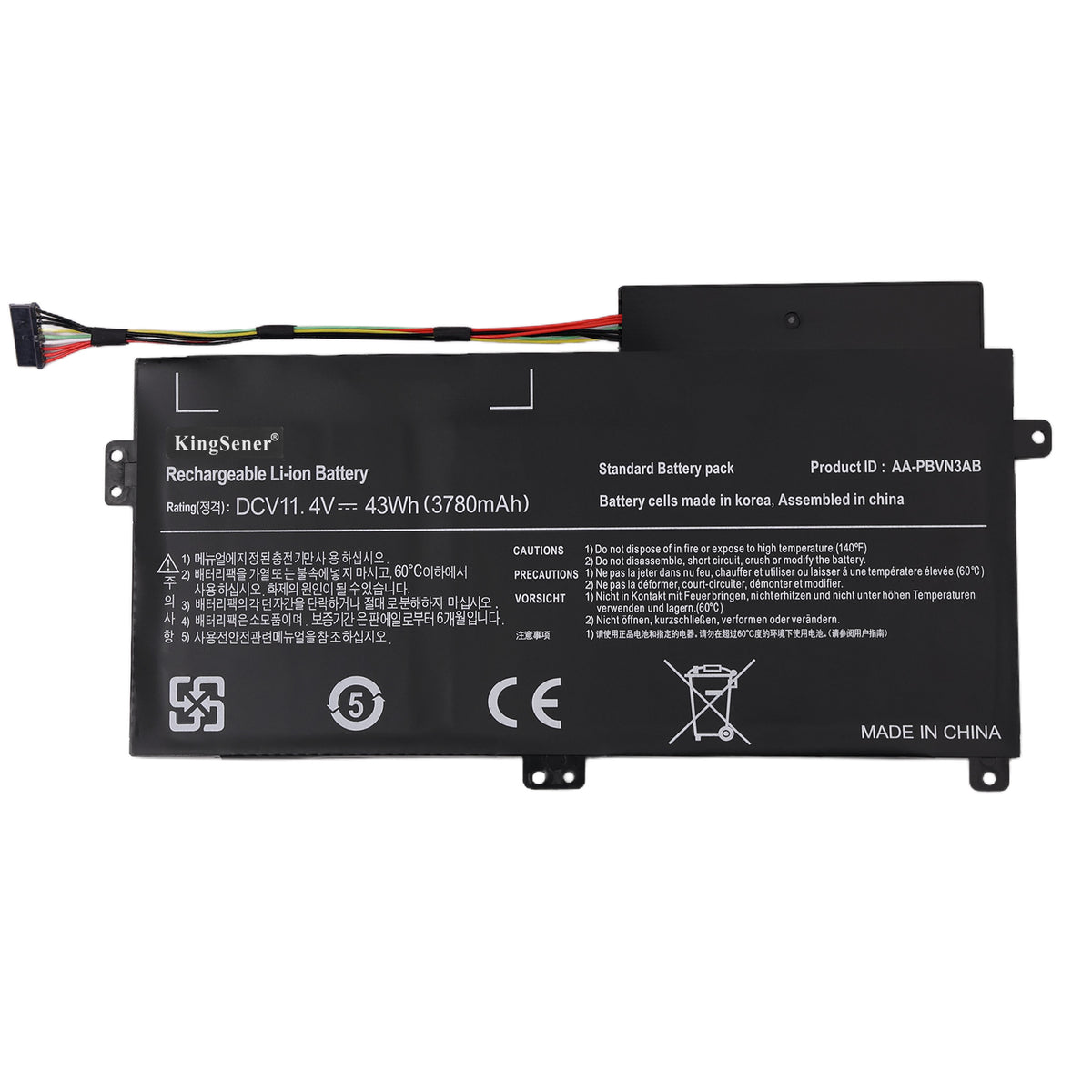 Samsung AA-PBVN3AB replacement laptop battery 11.4V 43Wh 3780mAh Li-ion, white background main view