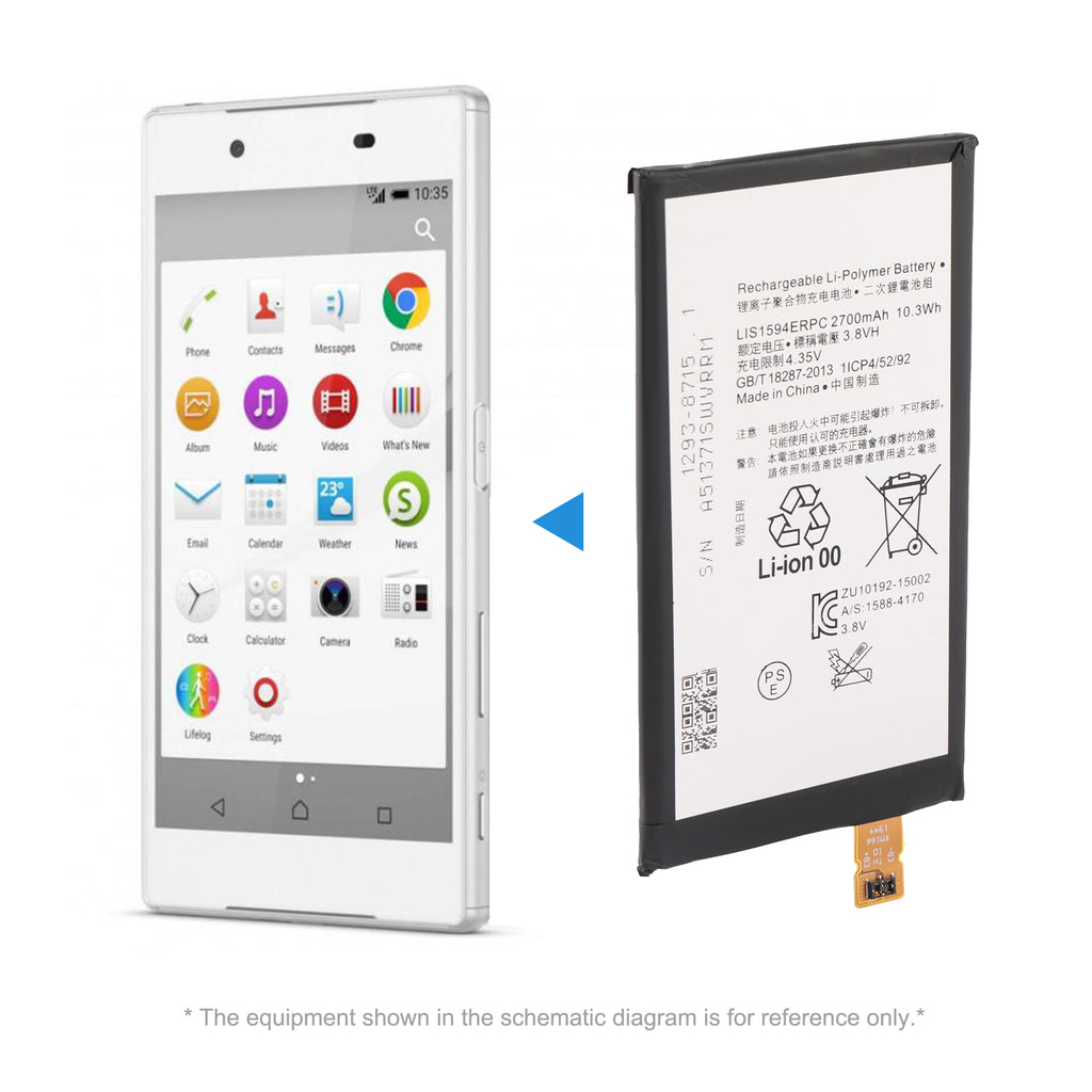 LIS1594ERPC battery alongside Sony Xperia Z5 Compact phone with arrow indicating installation position
