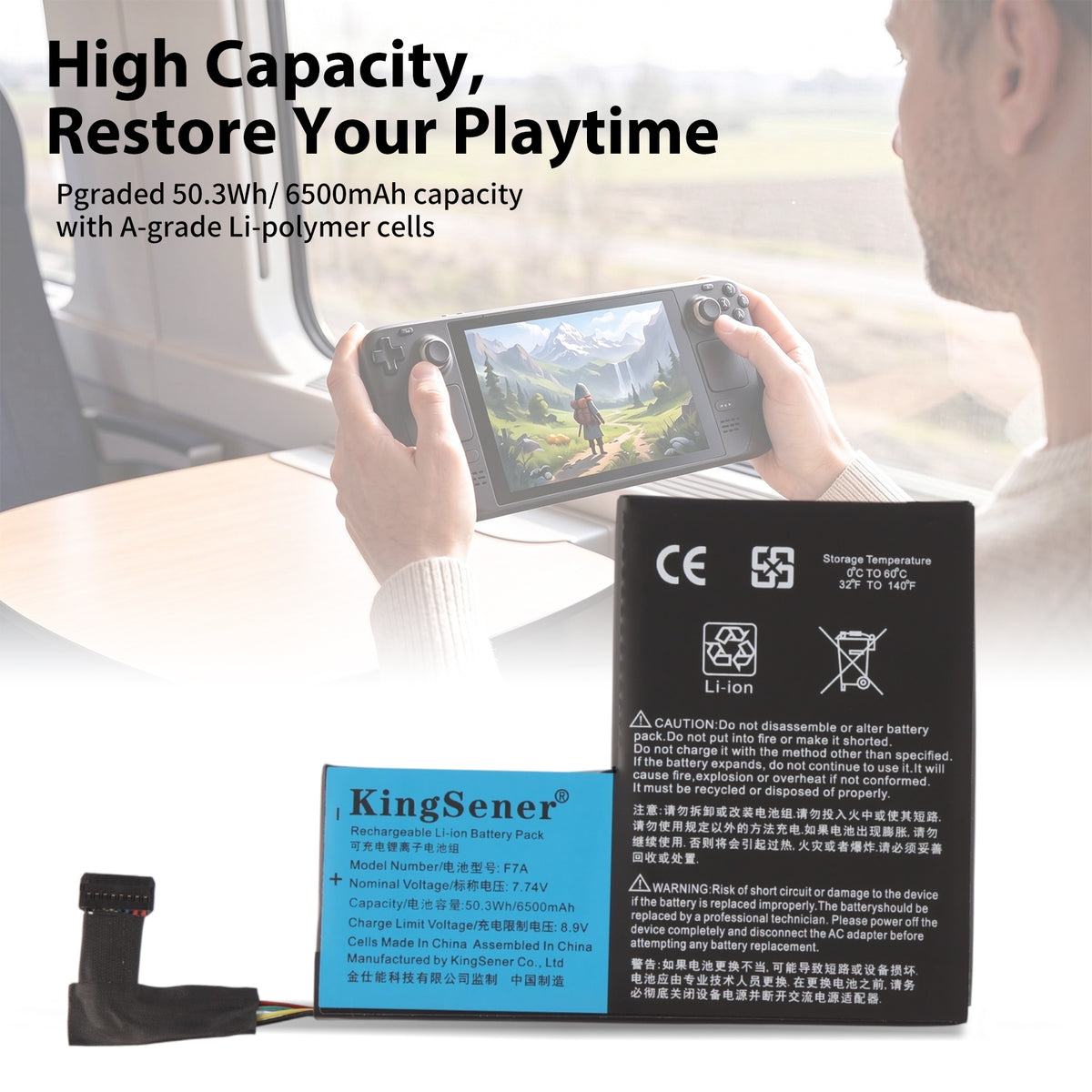 F7A 7.74V 50.3Wh 6500mAh replacement battery for Steam Deck LCD and OLED handheld gaming PC