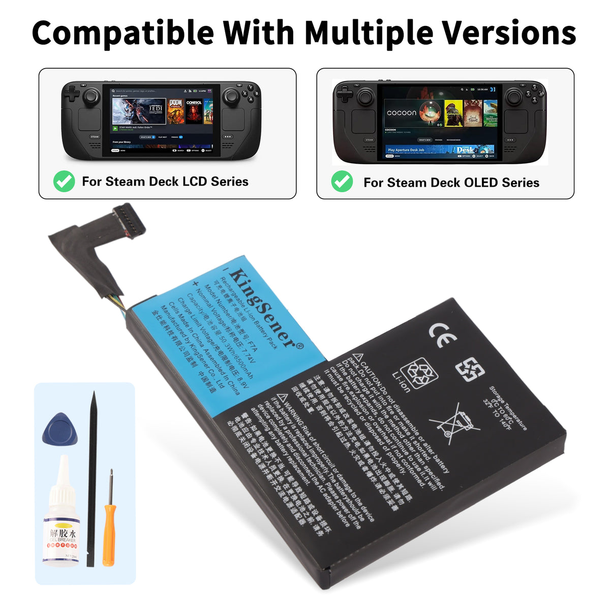 F7A replacement battery fits Steam Deck LCD and OLED, includes pry tool, spudger, glue remover and screwdriver