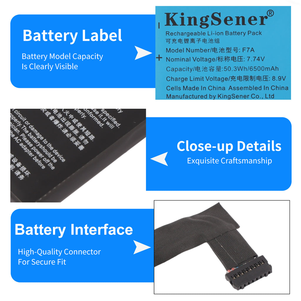 F7A label detail 7.74V 50.3Wh 6500mAh, ribbon cable connector and side view of Steam Deck battery